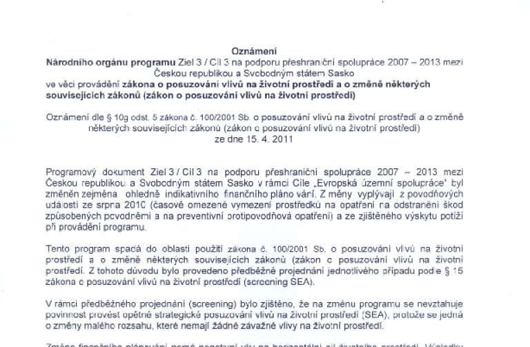 Oznámení (Schvalování přesunu prostředků) Cíl 3 OP PS ČR - Sasko
